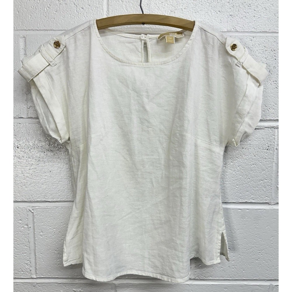 Michael Kors Blouse White Linen Blend Drop Shoulder Epaulette / Women's Medium